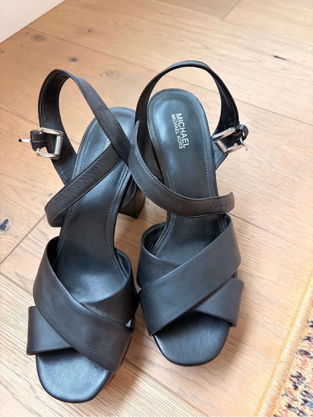 Michael Kors Black Leather Crisscross Block Heel Sandals